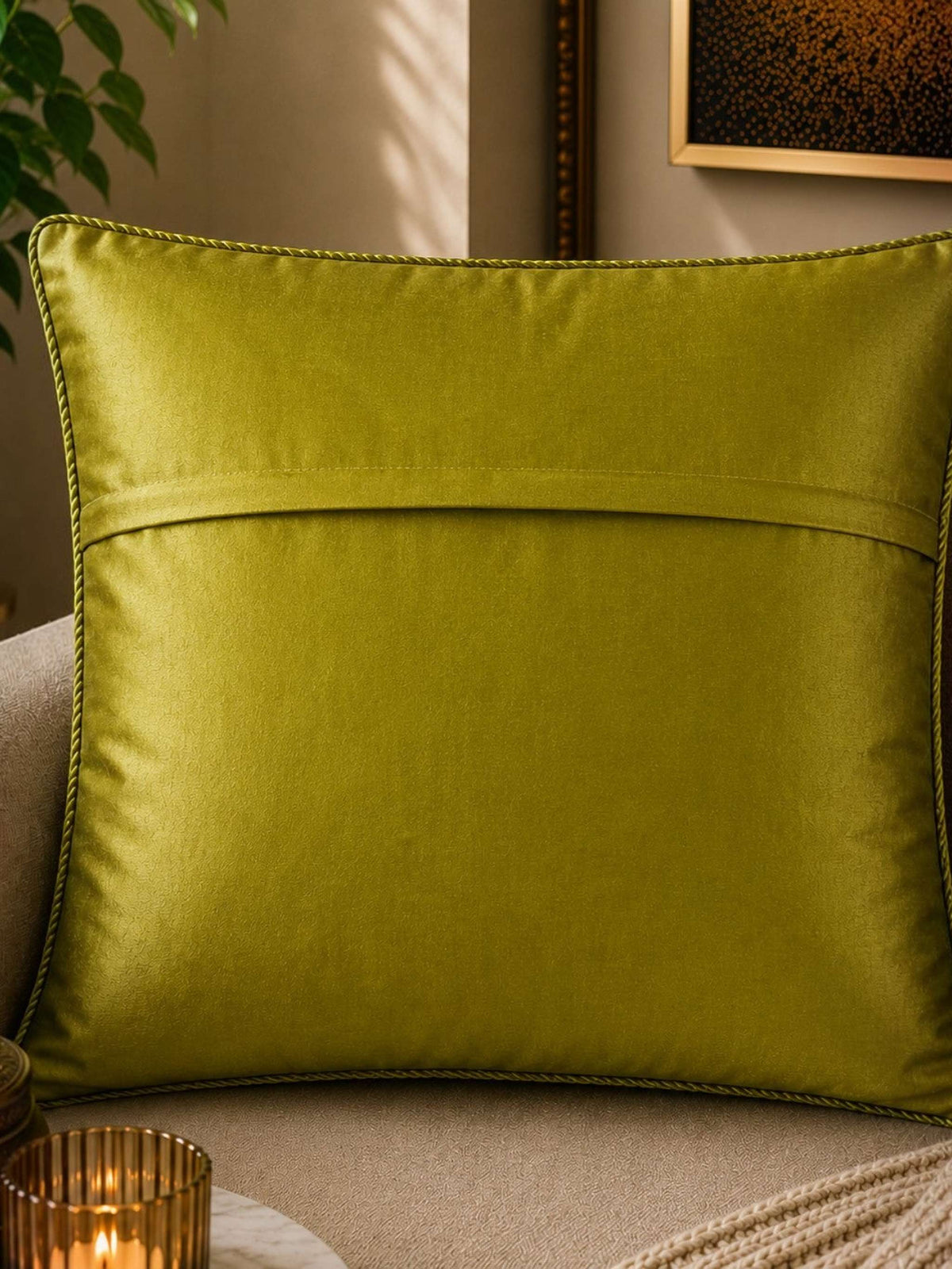 Jagdish Store decorative cushion cover in lime green satin with white floral lace trim. Elegant floral accents.