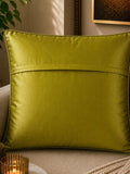 Jagdish Store decorative cushion cover in lime green satin with white floral lace trim. Elegant floral accents.