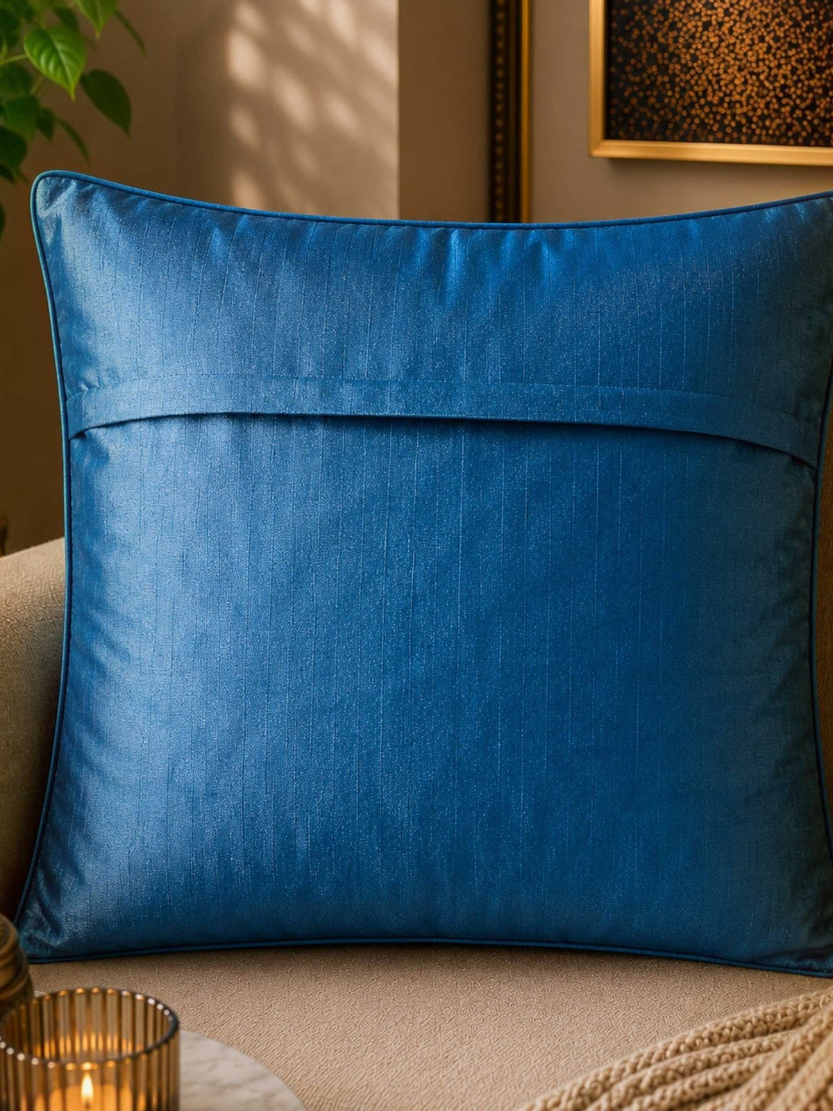 Jagdish Store blue cushion cover with intricate silver sequin and bead floral embroidery and border. Approx 16x16 inches.