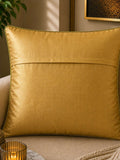 Jagdish Store decorative cushion cover with crimson red fabric, gold lotus embroidery, and gold trim. Features green accents.
