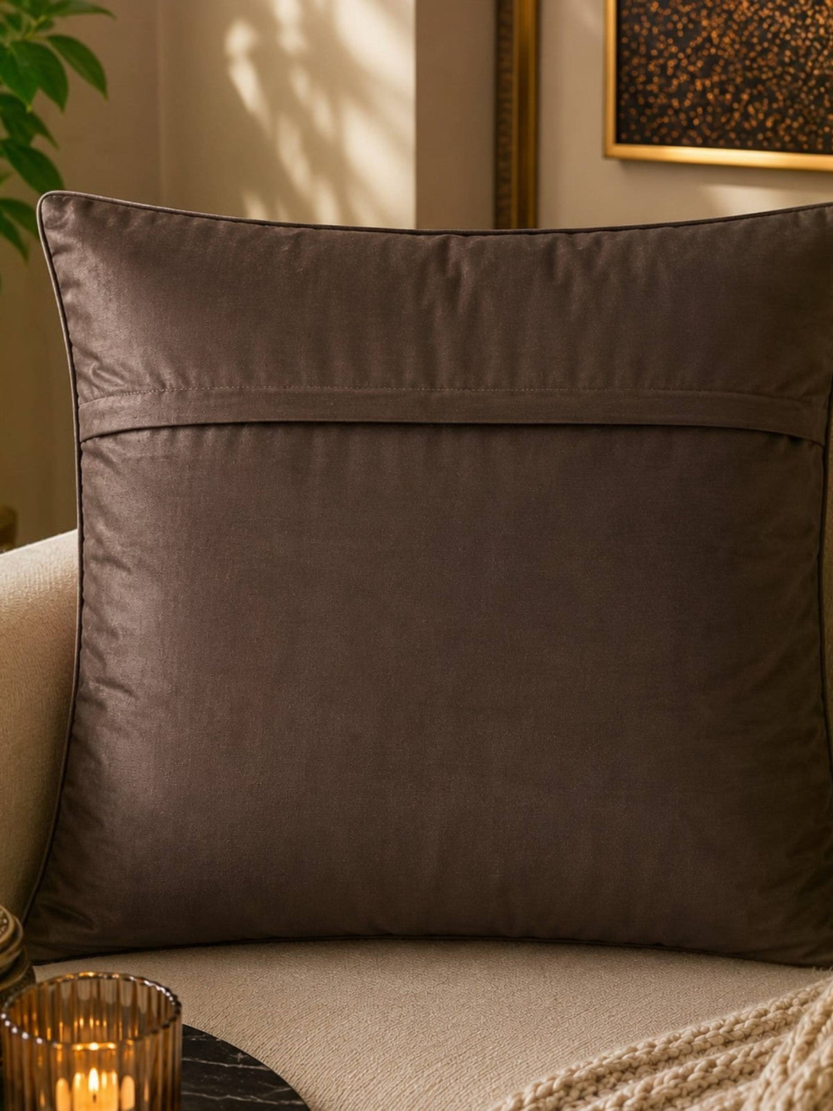 Jagdish Store decorative woven cushion cover in mocha brown with a hot pink stripe and intricate texture.