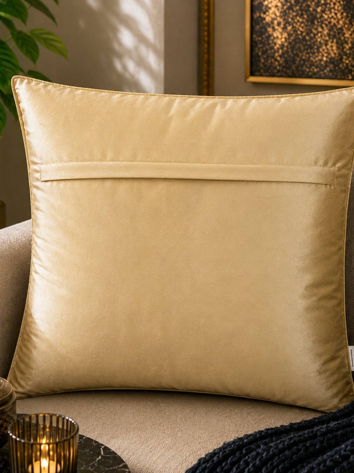 Jagdish Store beige embellished accent cushion cover with radiating pleats and gold accents.