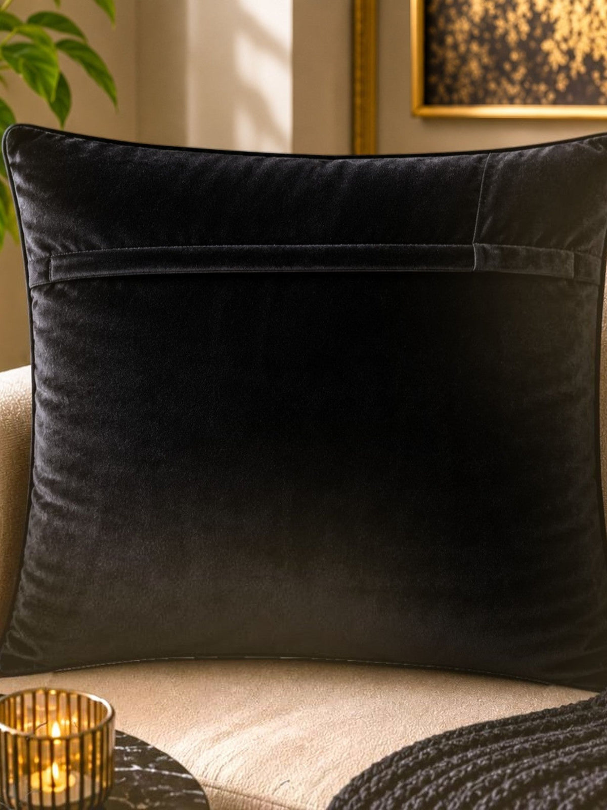 Jagdish Store decorative throw cushion cover with metallic gold damask pattern on black fabric. Back is black velvet.