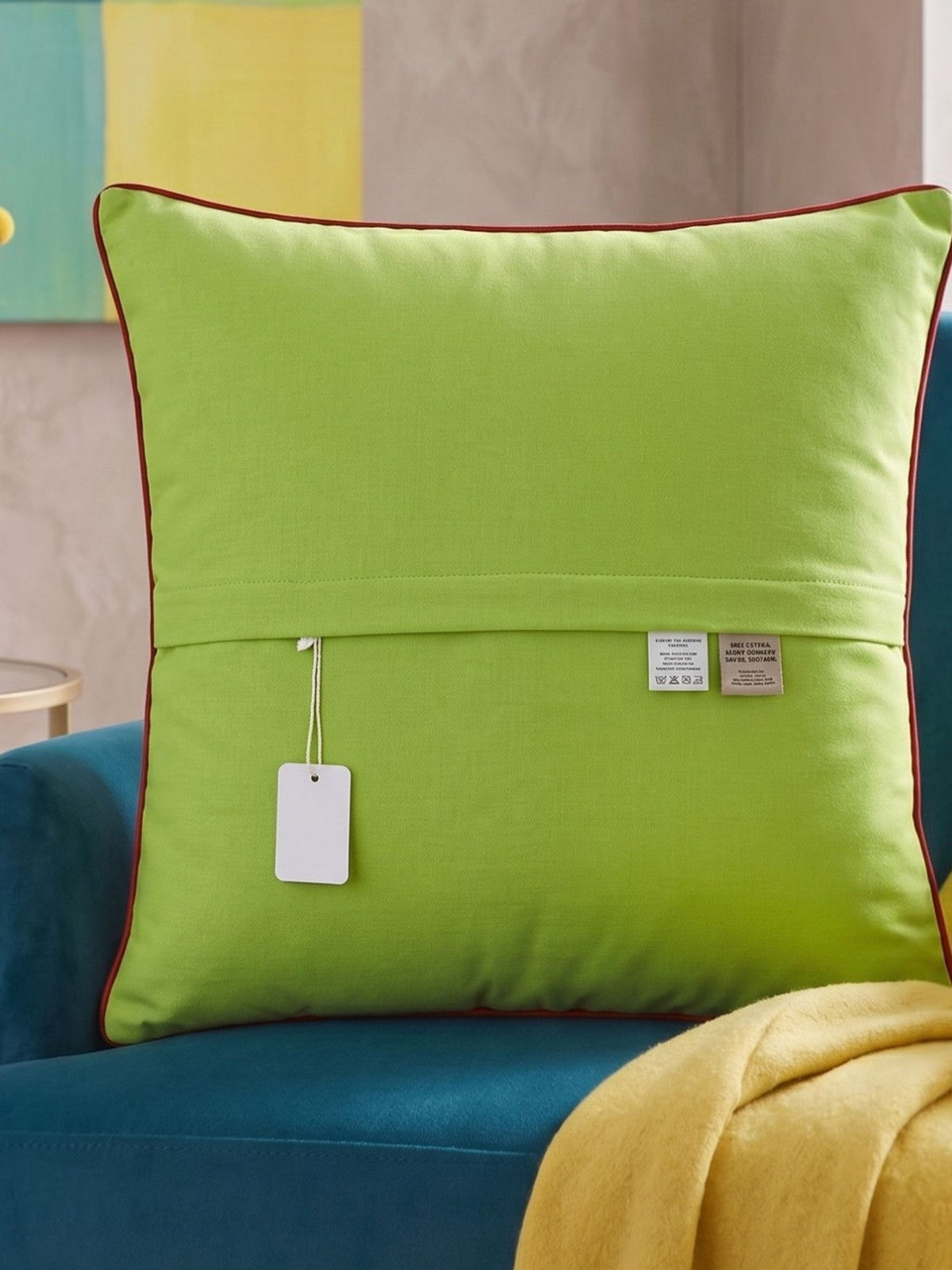 Plain lime green reverse of the embroidered leaf cushion cover