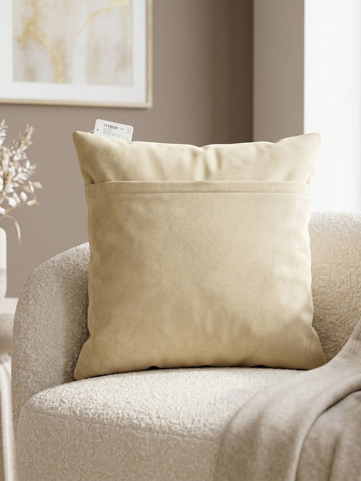 Jagdish Store cream plush decorative  cushion  cover with embroidered magenta rose and green leaves.