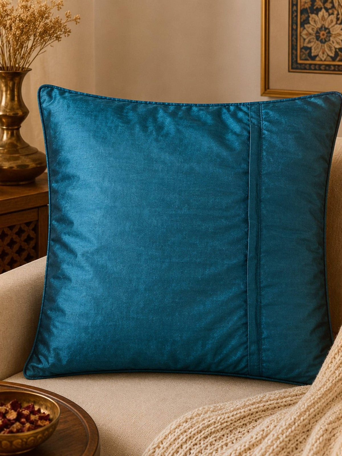 Jagdish Store decorative cushion cover with textured blue and gray stripes and smocked detail.