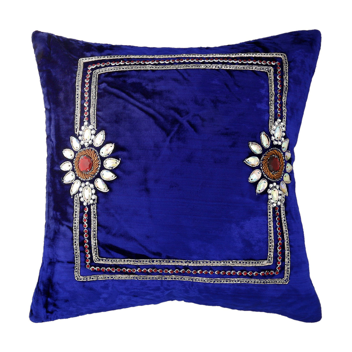 Royal blue velvet cushion cover with a silver zari embroidered border and floral medallions
