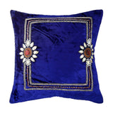 Royal blue velvet hand embroidered cushion cover 16x16 inch front view