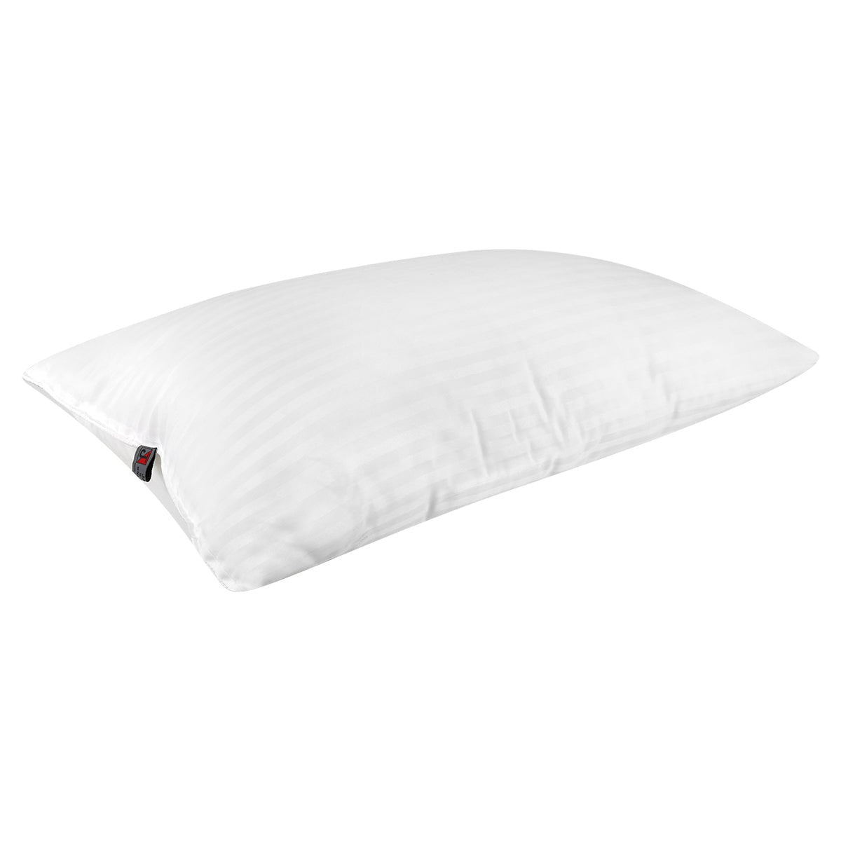 White satin stripe pillow insert lying flat with the brand tag on the seam