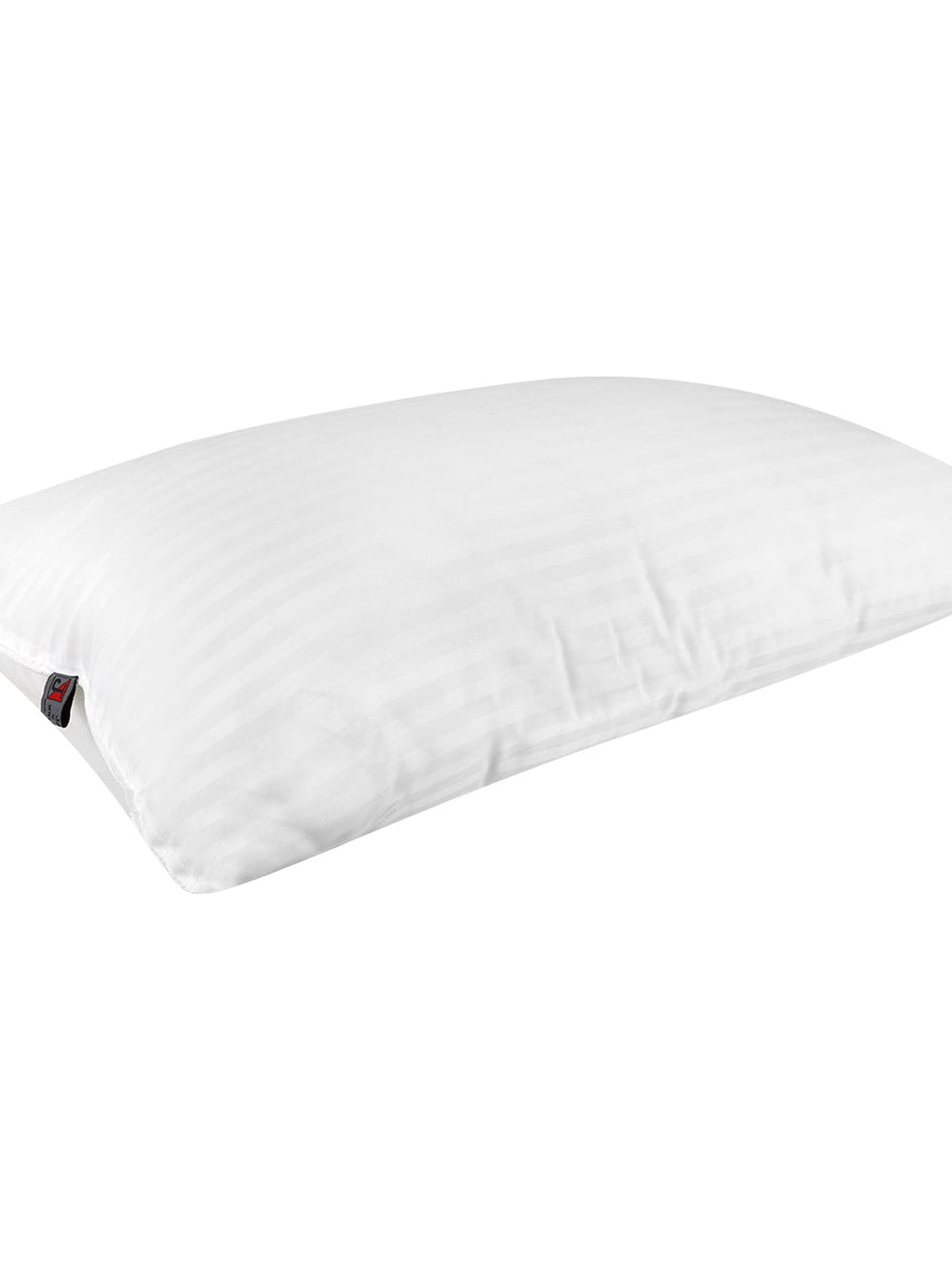 White satin stripe pillow insert lying flat with the brand tag on the seam