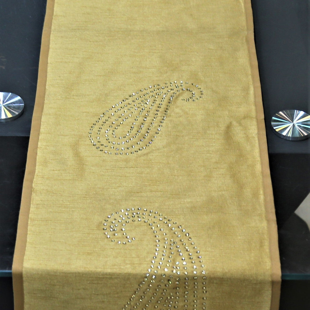 Sequence Work(14 X 72 Inch) Table Runner(Gold)-Dupion Silk - Jagdish Store Online Since 1965