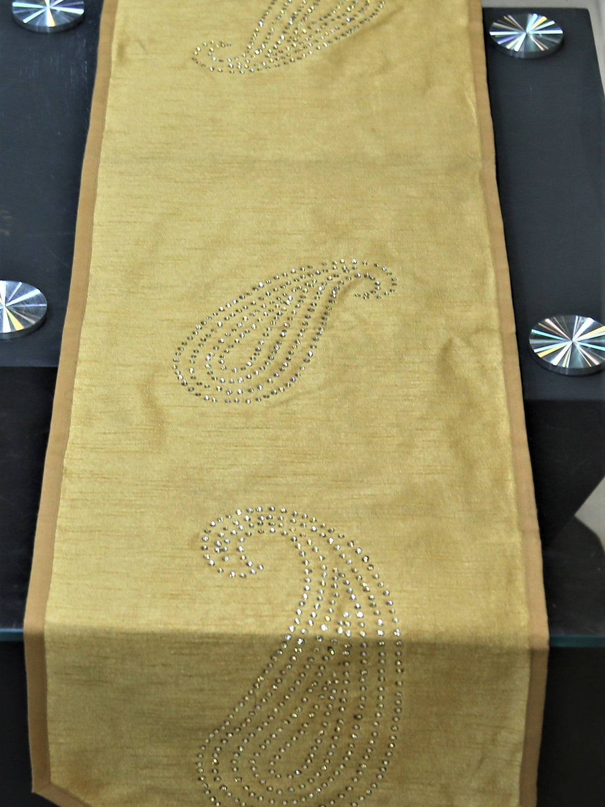 Gold Sequin Work Dupion Silk Table Runner 14 X 72 inch front view