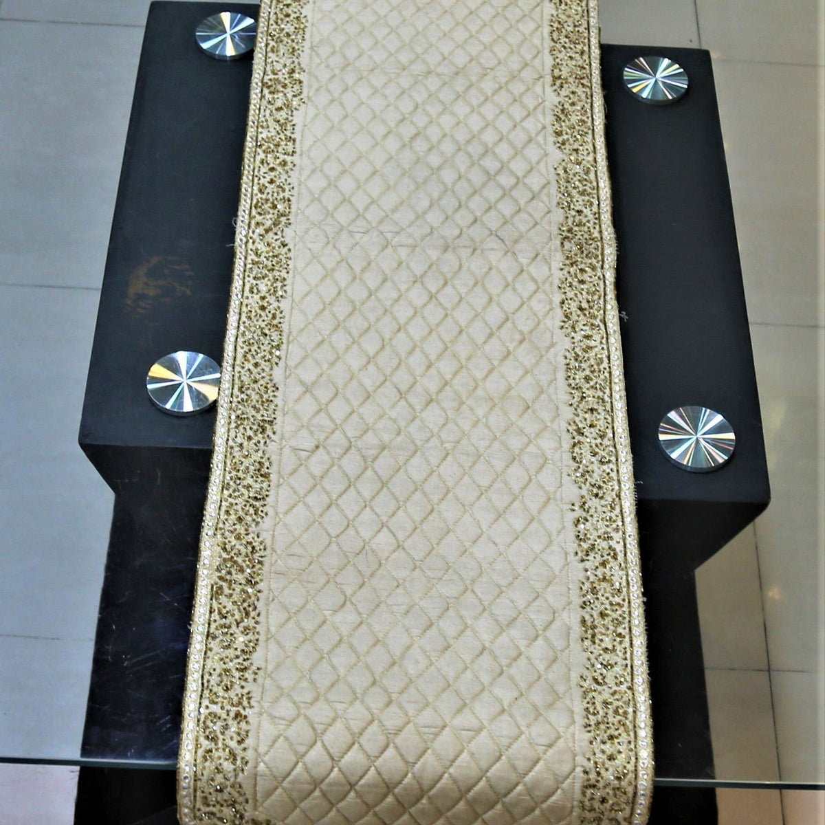 Zari Embroidery(14 X 60 Inch) Table Runner(Beige)-Dupion Silk - Jagdish Store Online Since 1965