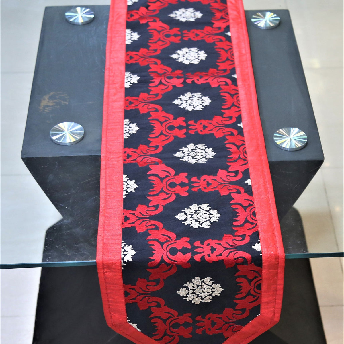 Embroidery(13 X 72 Inch) Table Runner(Red/Black)-Dupion Silk - Jagdish Store Online Since 1965