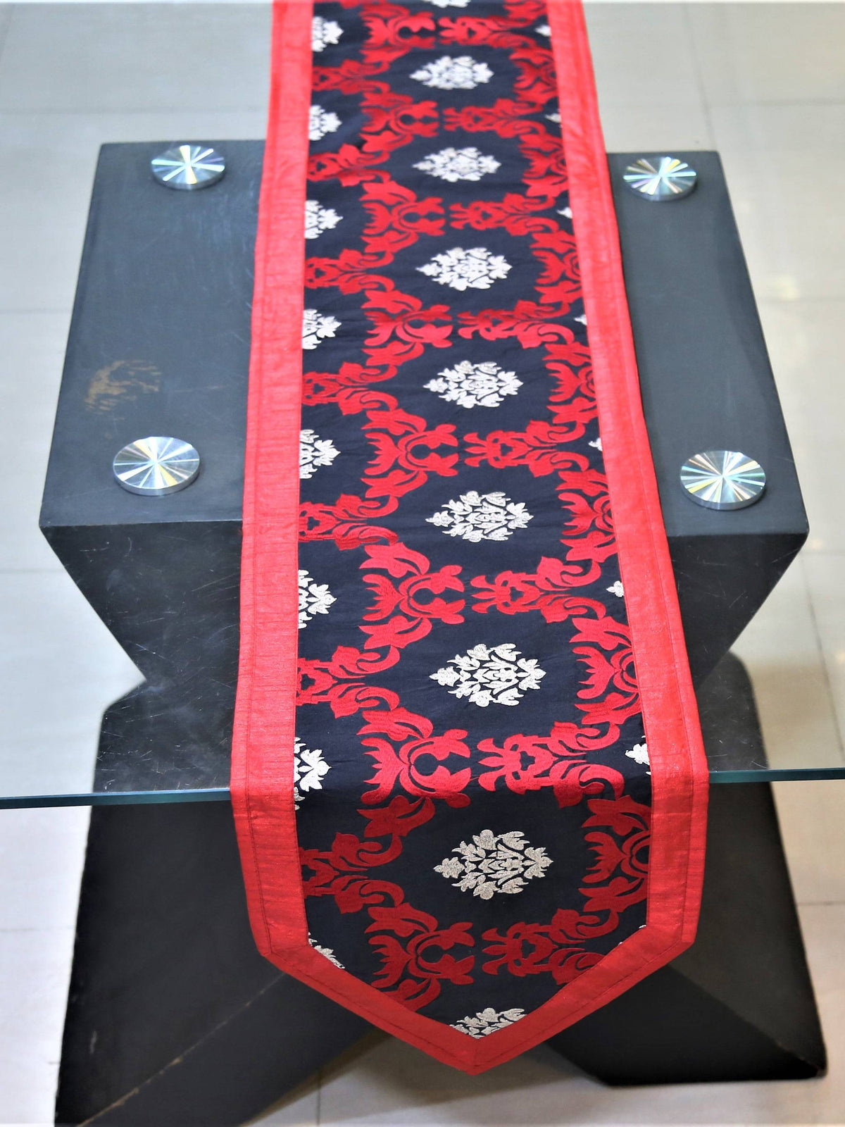 Black Embroidered Dupion Silk Table Runner 13 X 72 inch front view
