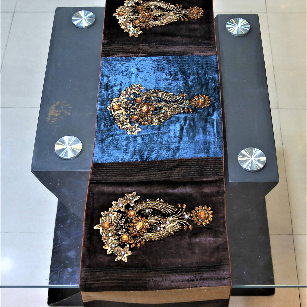 Sequence Work(13 X 60 Inch) Table Runner(Brown)-Chenille - Jagdish Store Online Since 1965