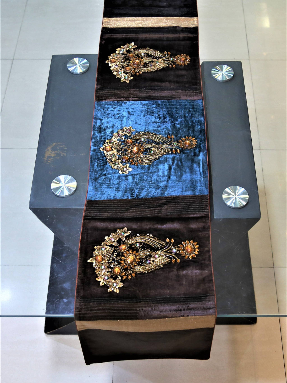 Brown Sequin Work Chenille Table Runner 13 X 60 inch front view