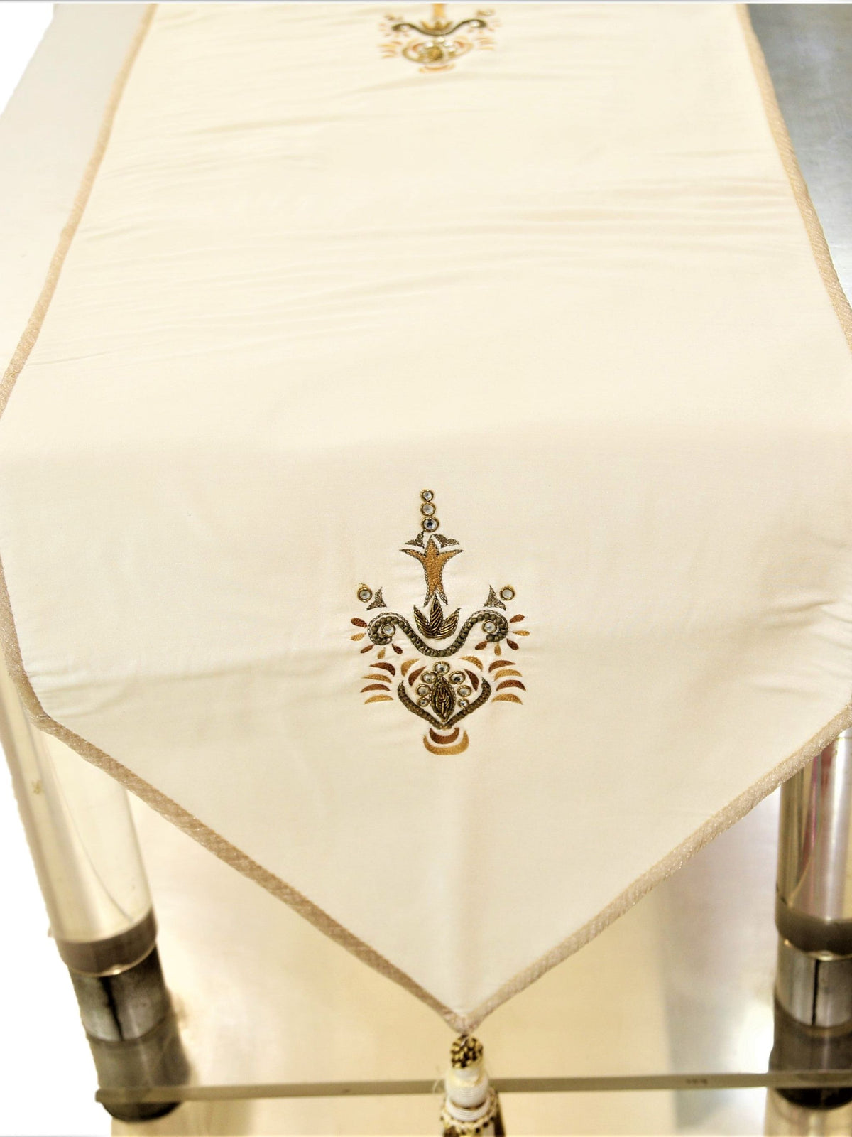 Cream Embroidered Polyester Table Runner 13x60 front view