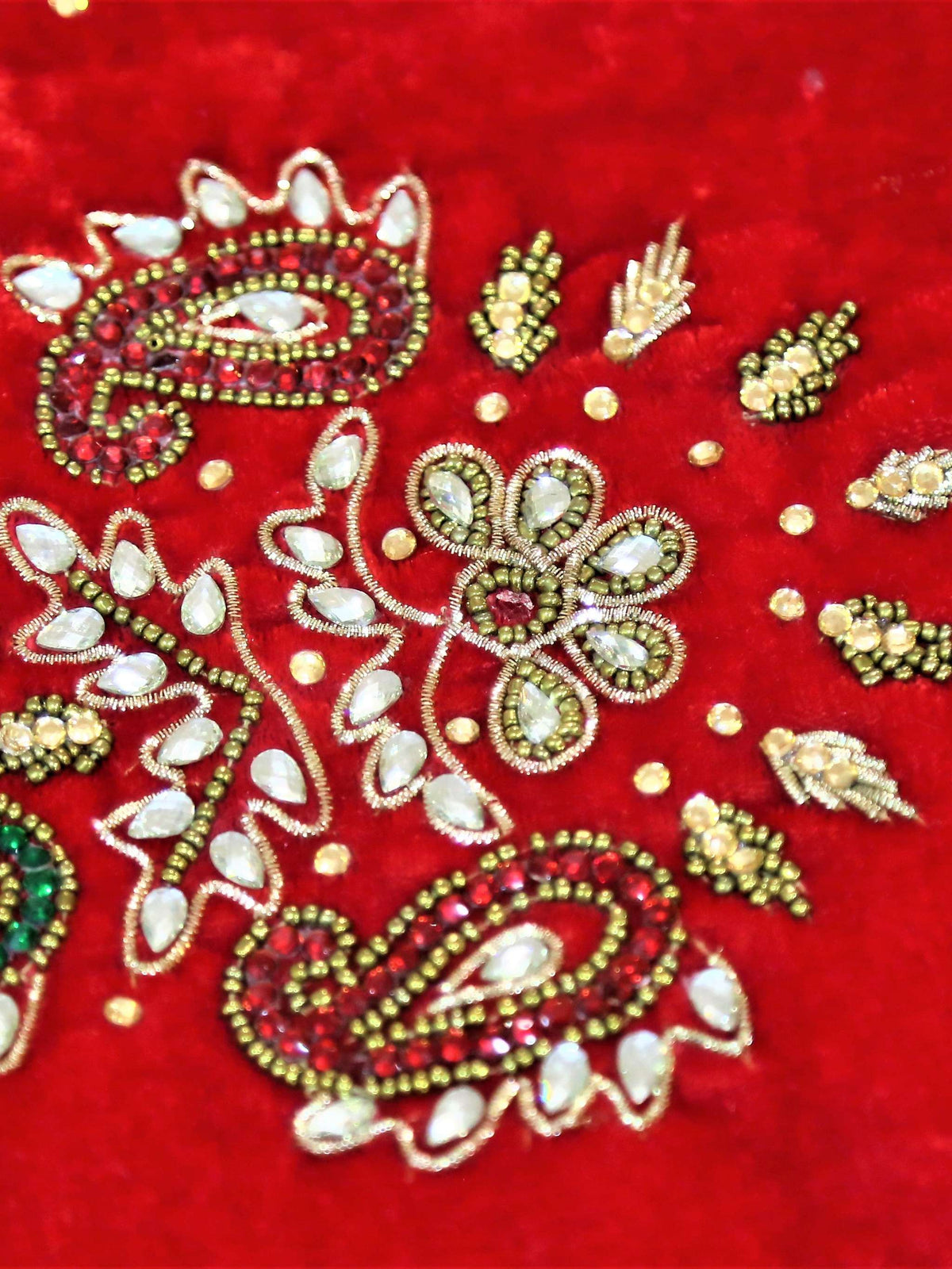 Deep red velvet double bed quilt with floral bead embroidery and gold border