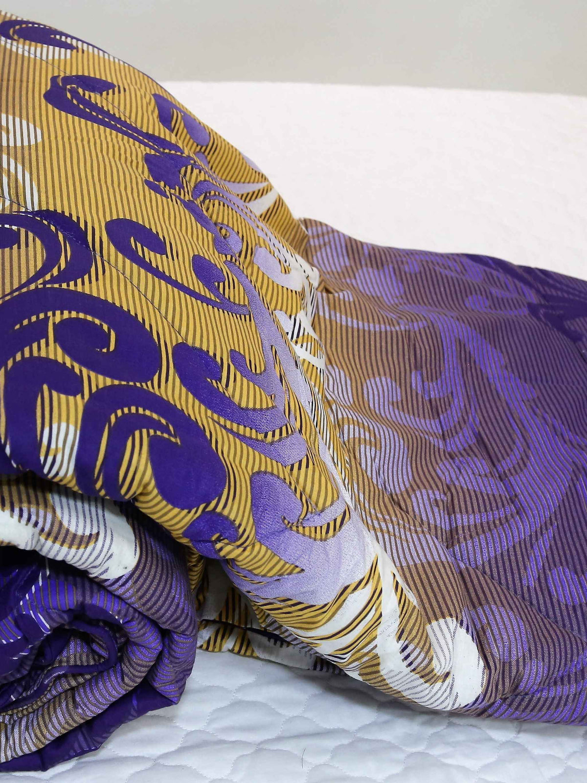 Purple cotton double bed quilt with gold and white scroll damask print