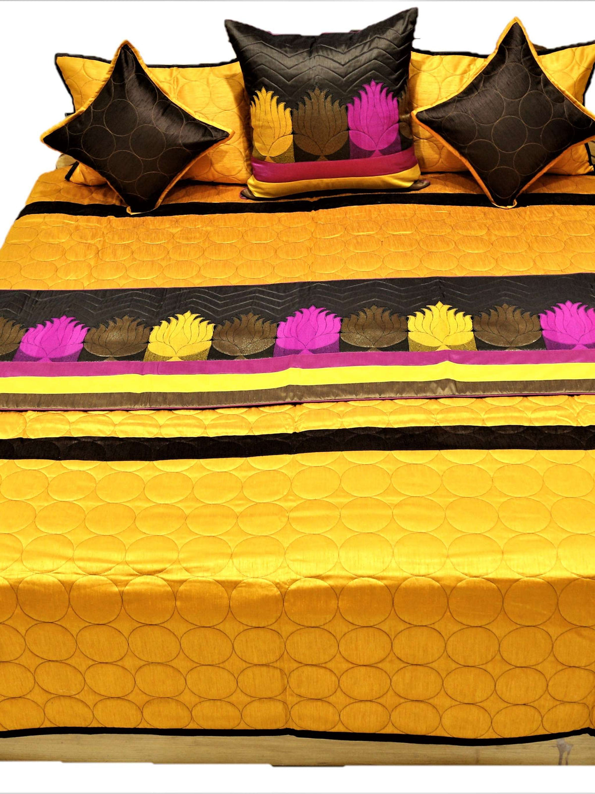 Marigold and brown reversible bedcover flat view with lotus band and four cushion covers