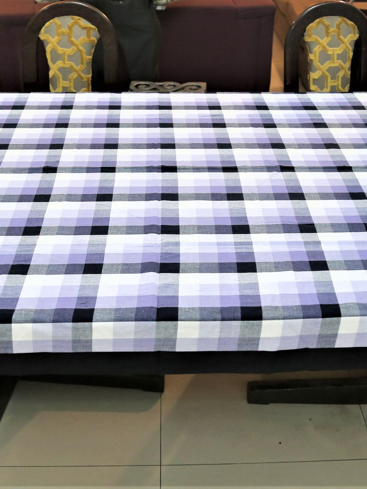 White, lavender, and black buffalo-check plaid oval table cover