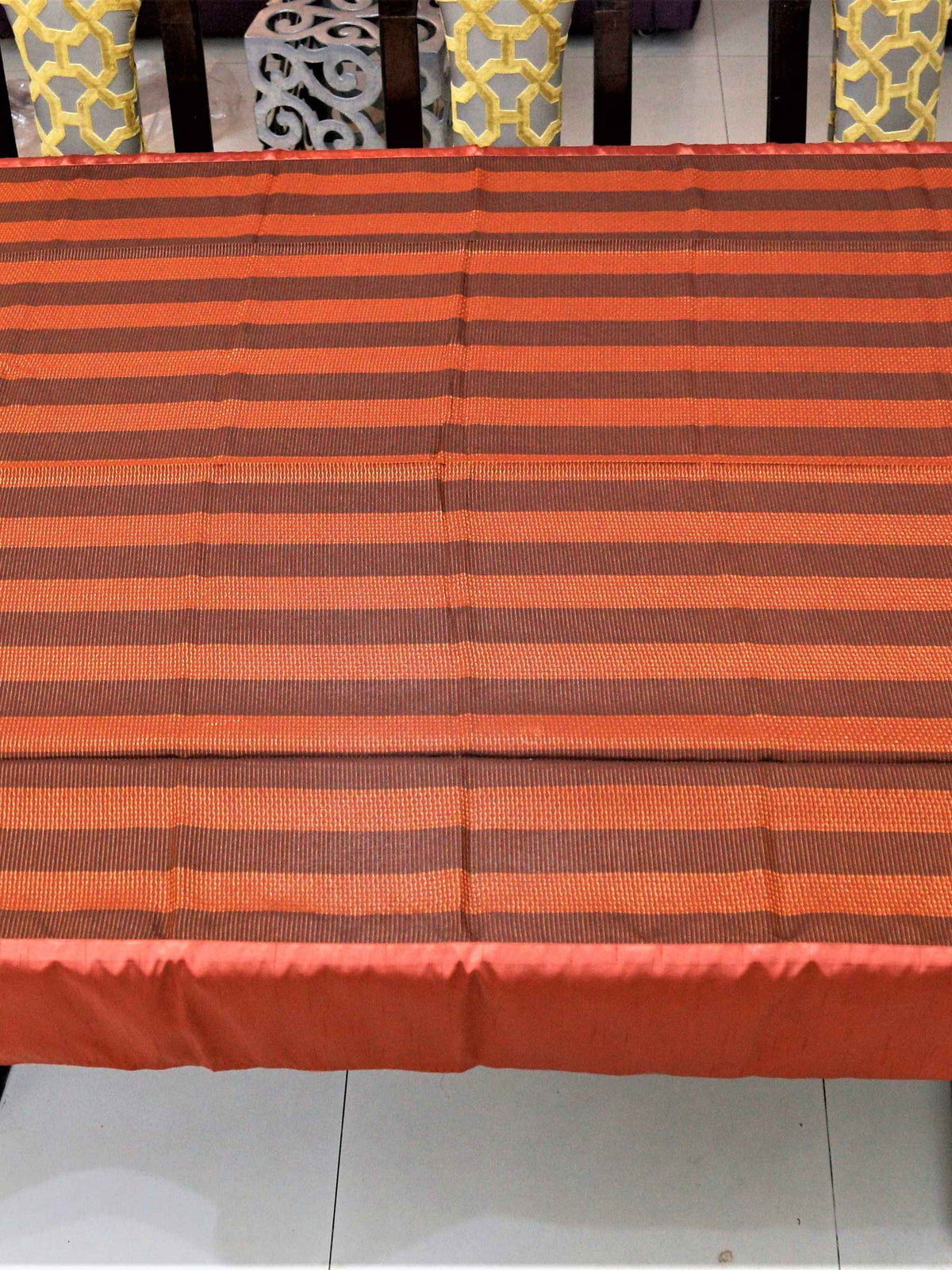 Rust-orange and dark brown horizontal striped sheer table cover