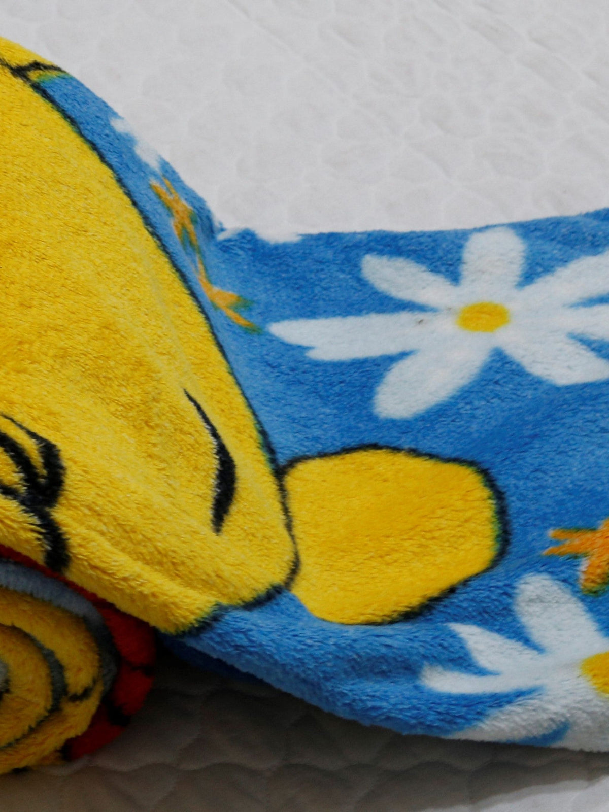 Close-up of the blue plush blanket's Winnie the Pooh face print and daisy border