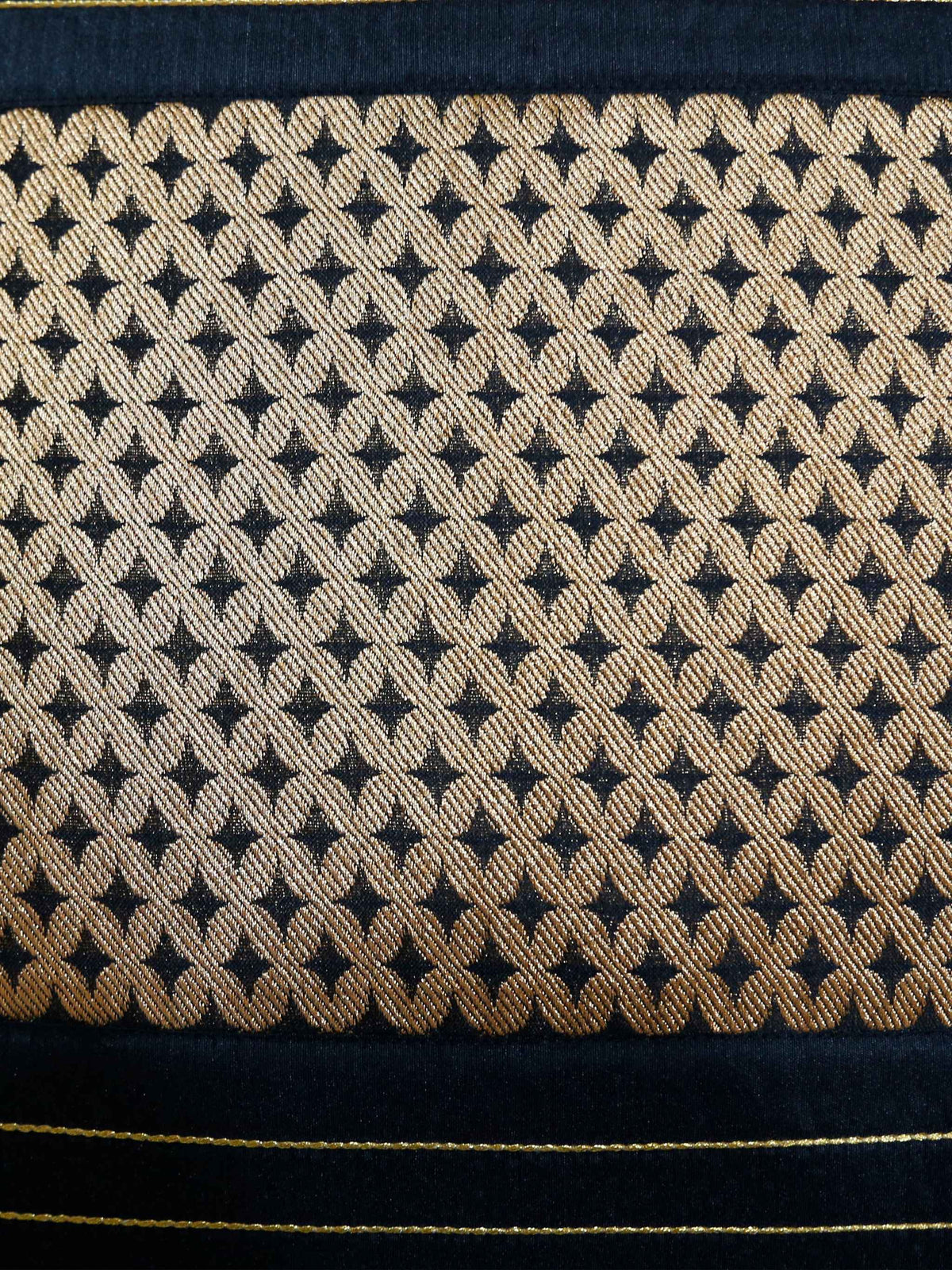 Close-up of the gold lattice brocade weave on black silk