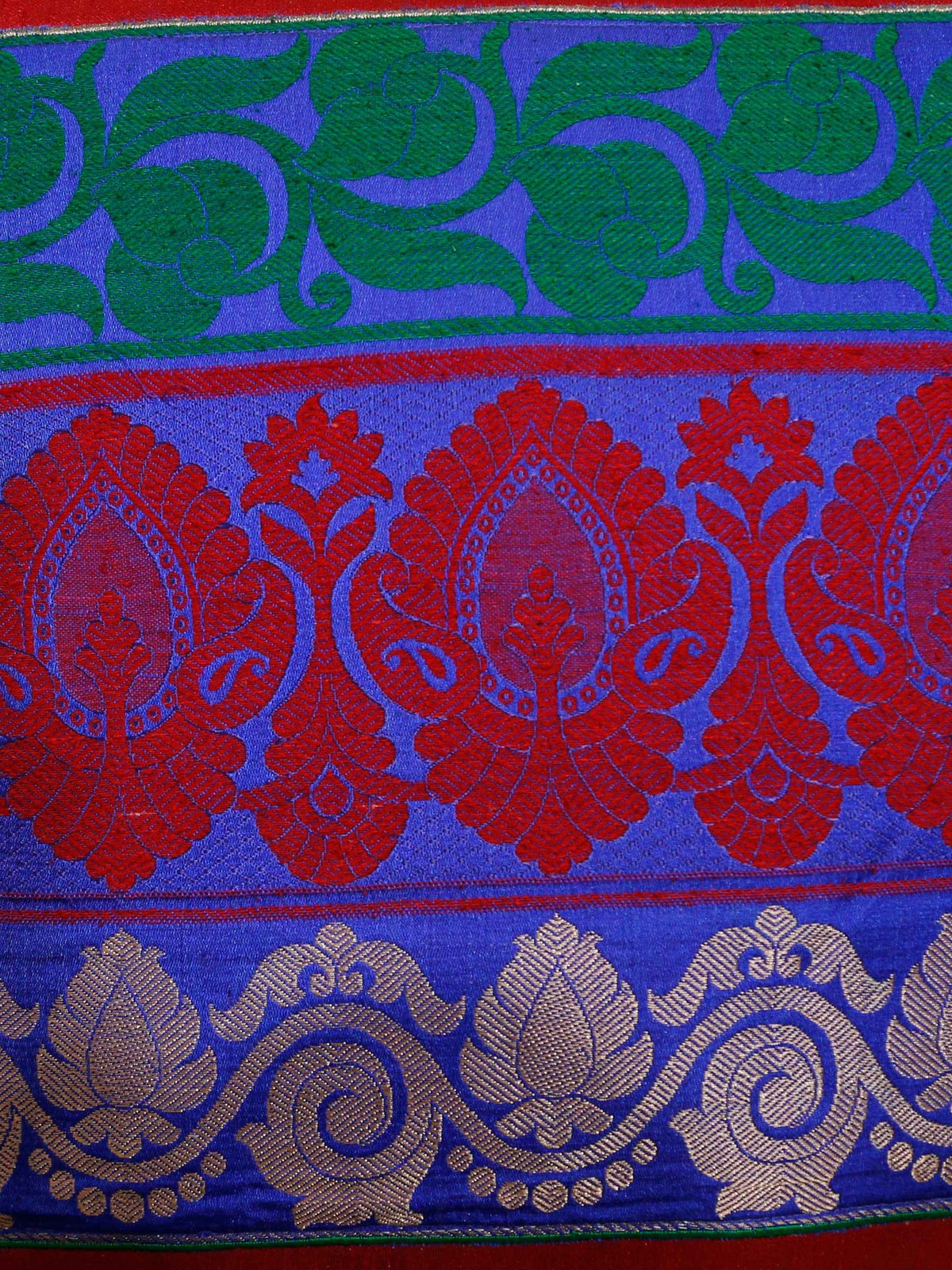 Close-up of the green, blue and silver banarsi brocade bands