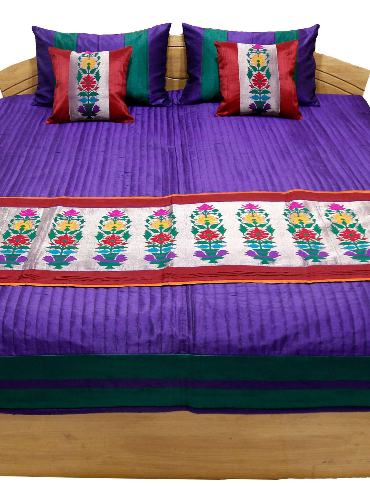 Purple side of the reversible bedcover shown flat