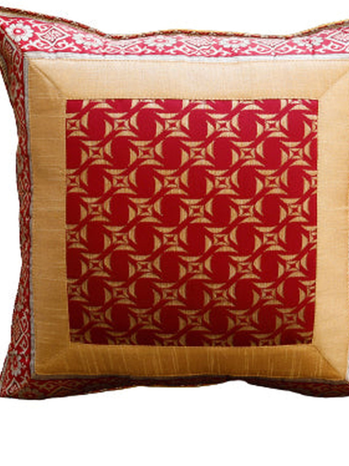 Maroon and gold geometric medallion art silk cushion cover with a gold silk border