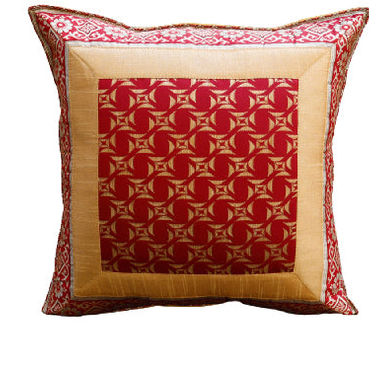 Maroon and gold geometric medallion art silk cushion cover with a gold silk border