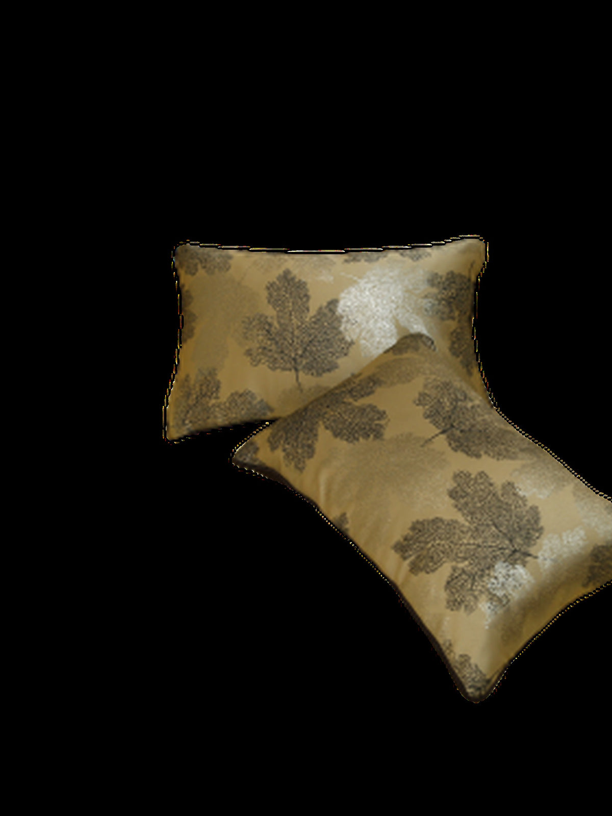 Two gold poly silk cushion covers with a brown leaf motif, Silk Ambi