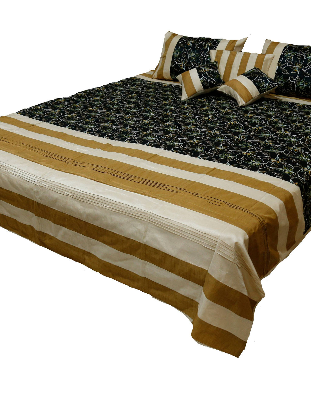 Black and gold banded aari embroidery bedcover seen from the foot of the bed