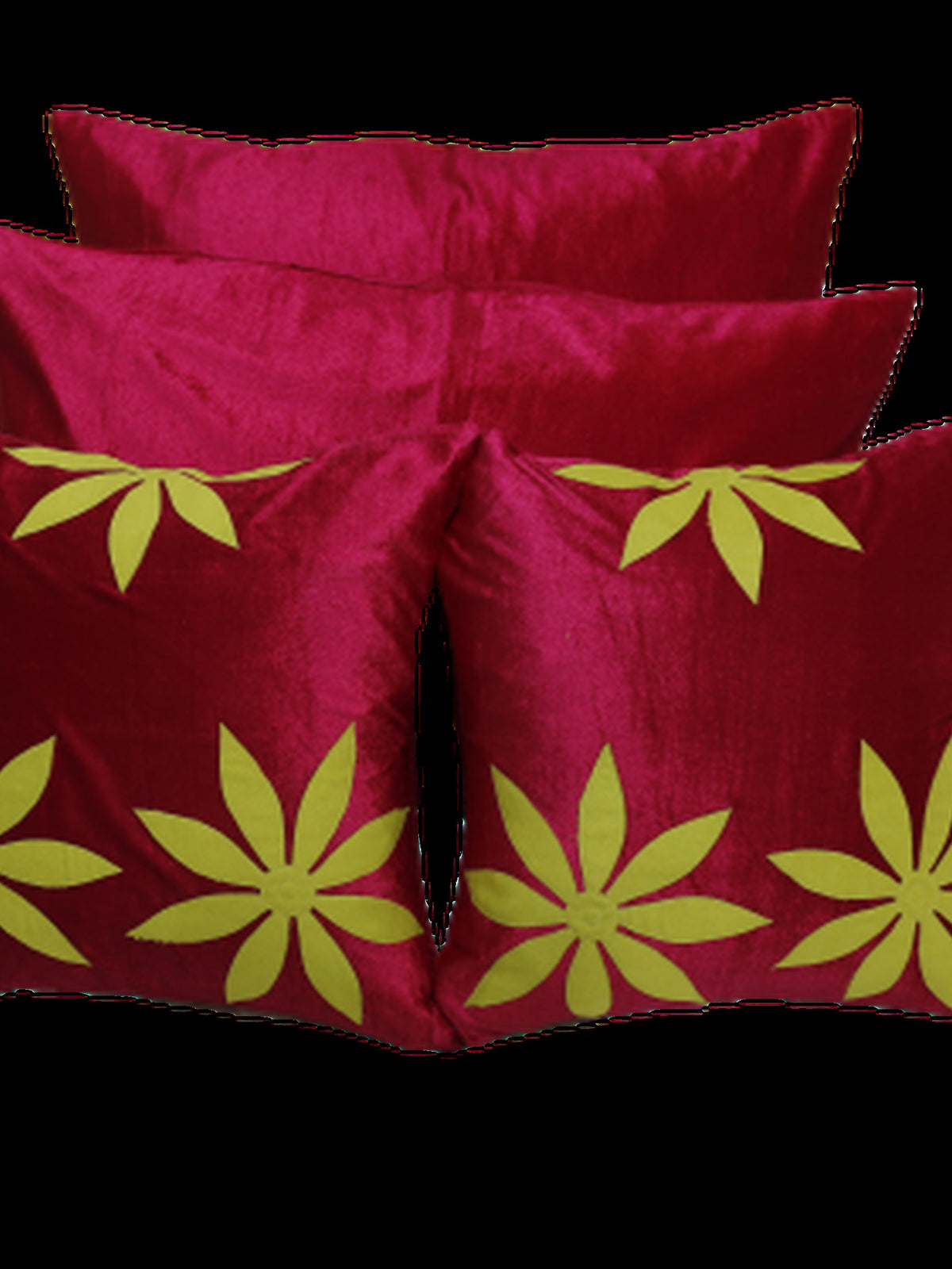 Maroon cushion covers with lime green appliqué flowers, Sued