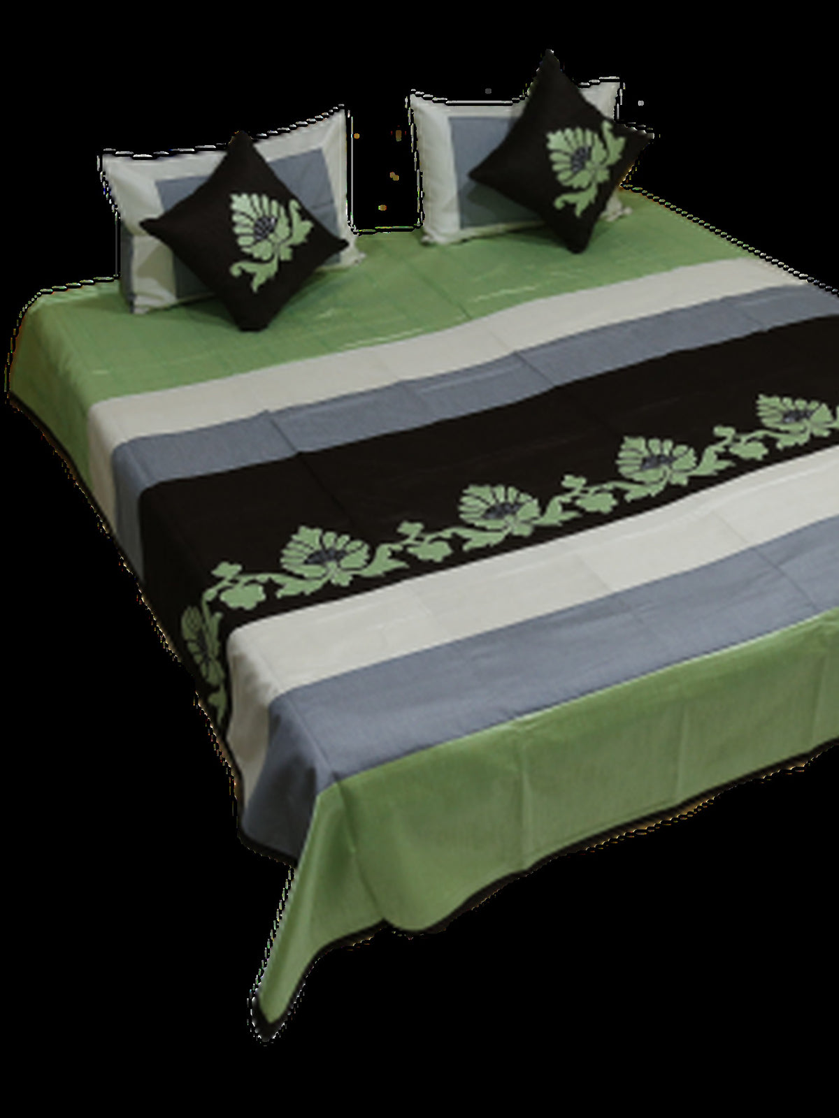 Green and black banded appliqué bedcover seen from the foot, Bal Patch