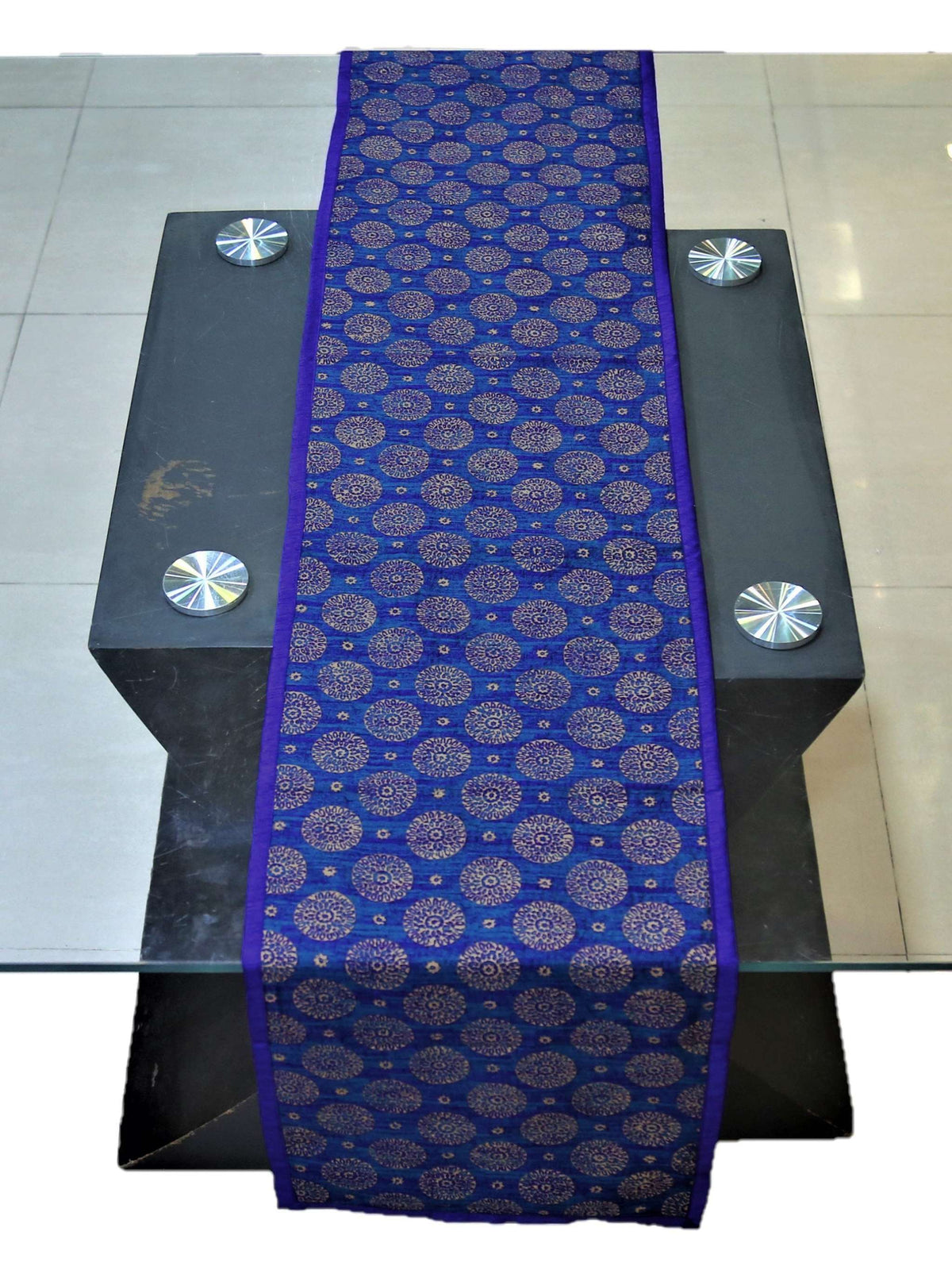 Royal blue dupion silk table runner with a block-printed circle motif