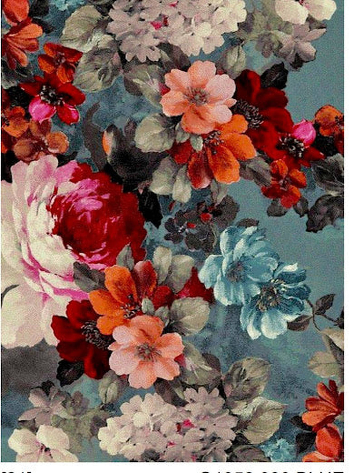 Teal rug with dense red, pink and cream painterly flowers, Diamond Bellagio