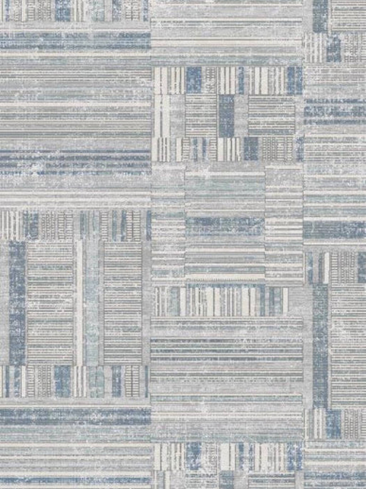 Vogue Bellagio rug in blue grey linear patchwork blocks, top-down view