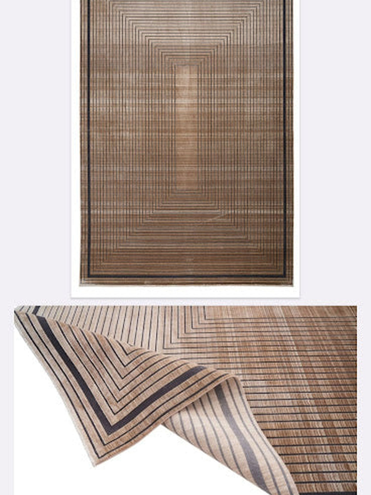 Sand-taupe bamboo viscose rug with concentric line border, Donna Collection