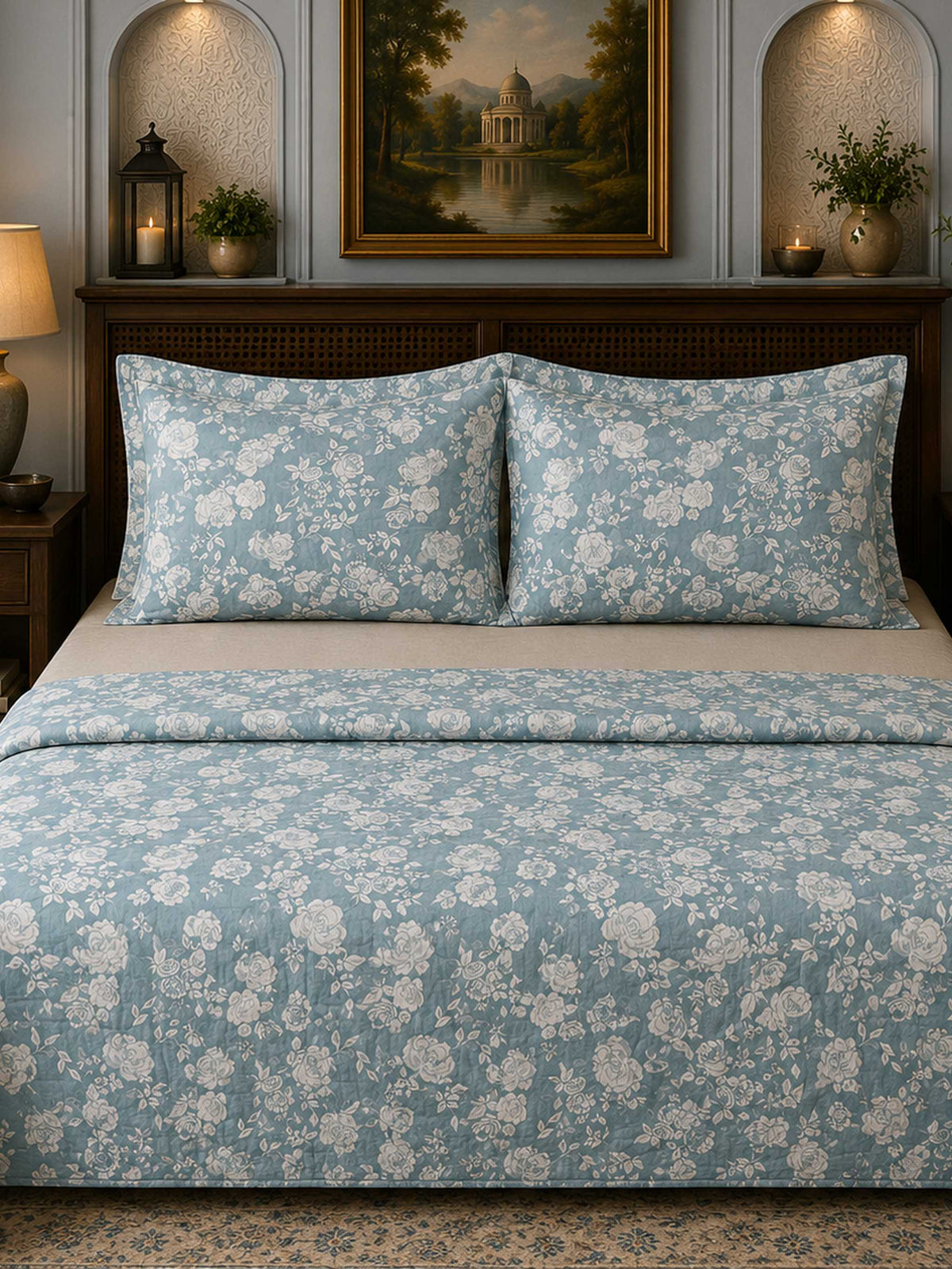 Dusty blue floral print cotton bedcover set with two matching pillow covers