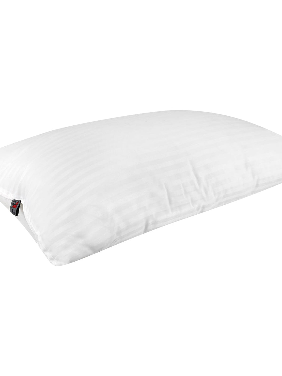 White satin stripe pillow insert lying flat with the brand tag on the seam