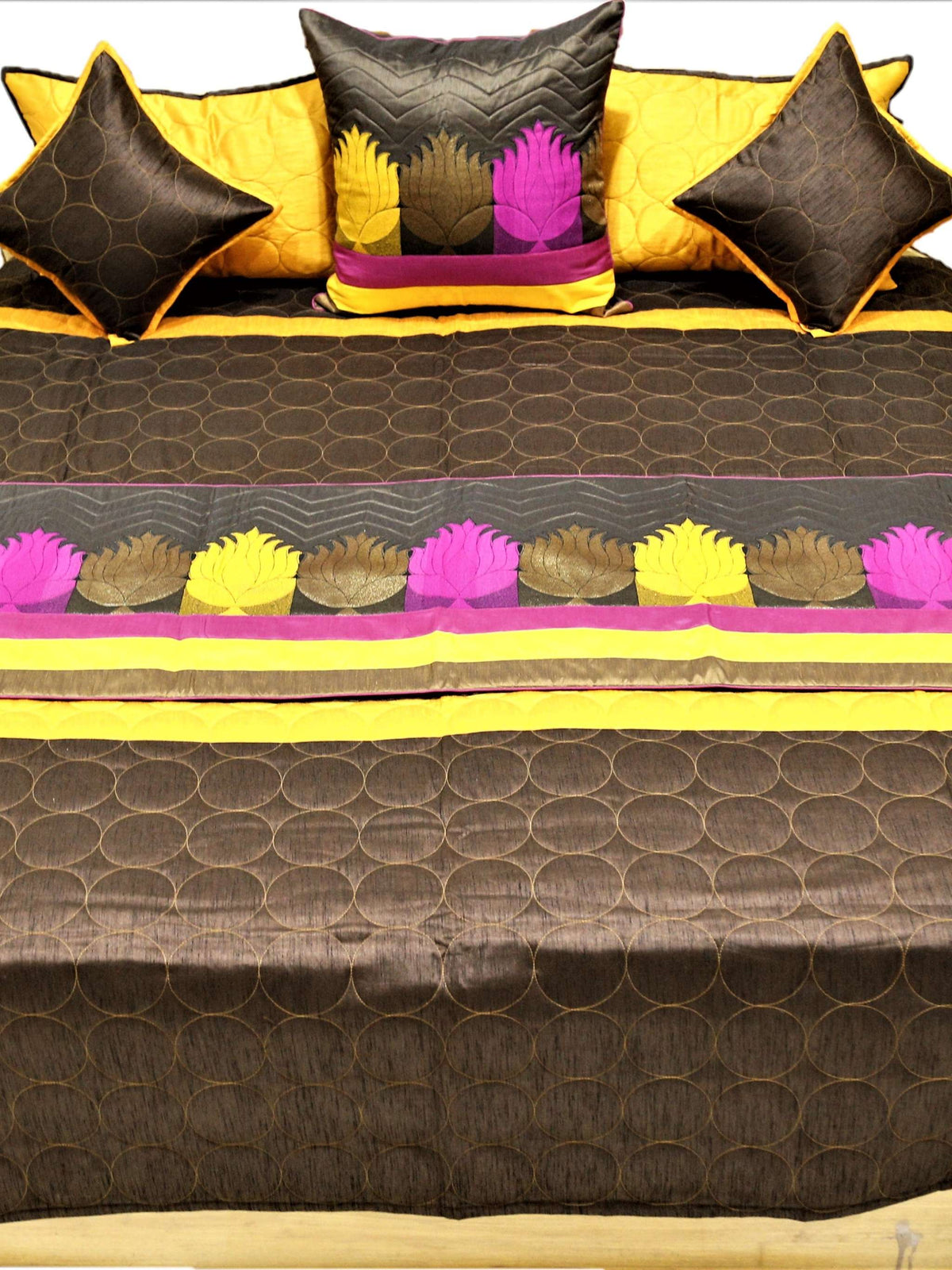 Marigold and brown reversible bedcover flat view with lotus band and four cushion covers