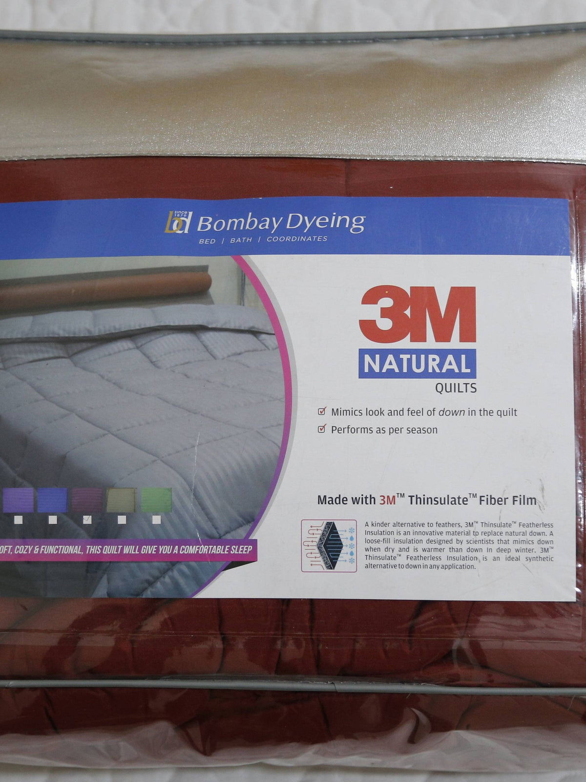 Maroon microfibre double bed quilt with satin self-stripe, Bombay Dyeing