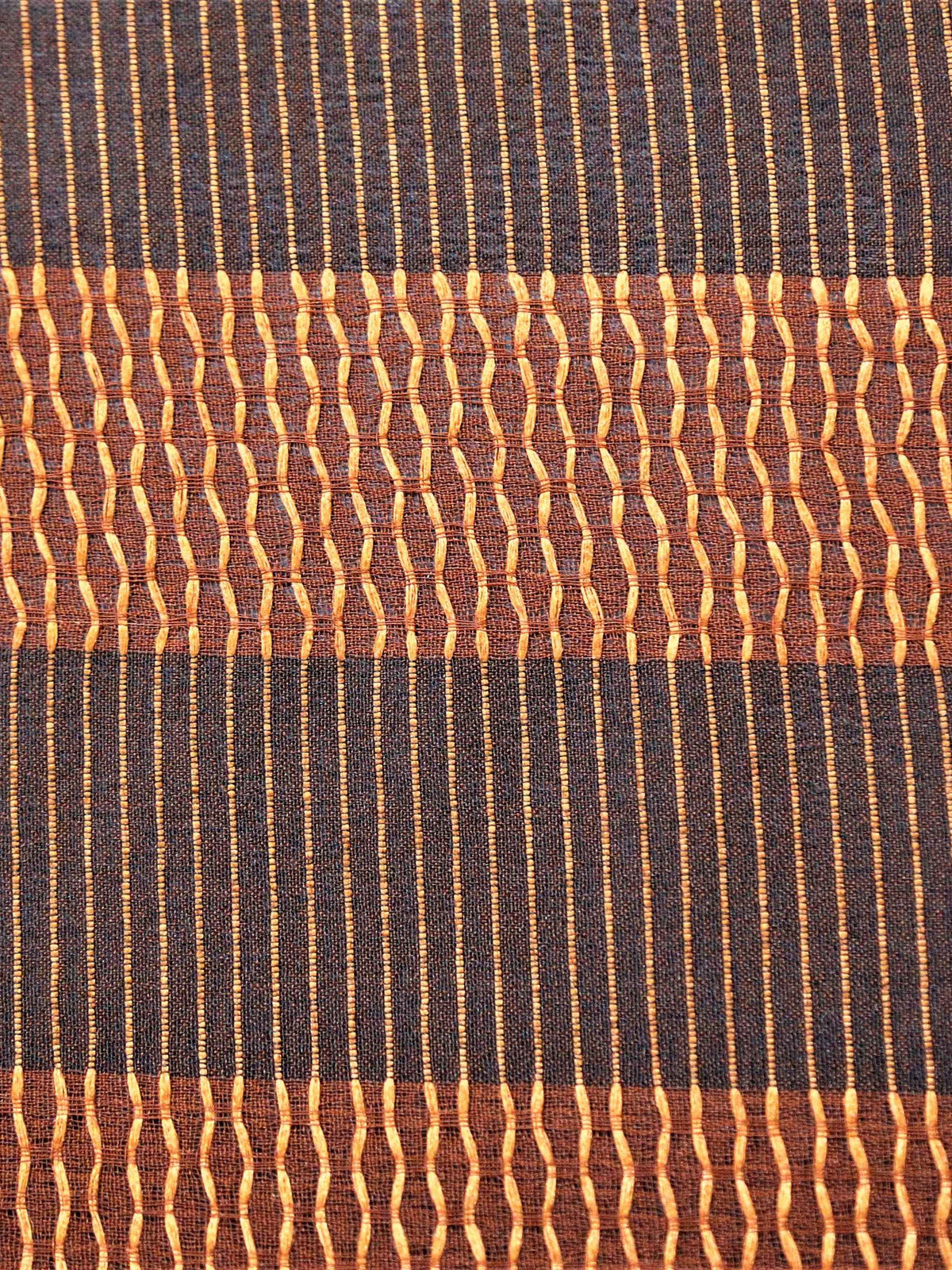 Rust-orange and dark brown horizontal striped sheer table cover