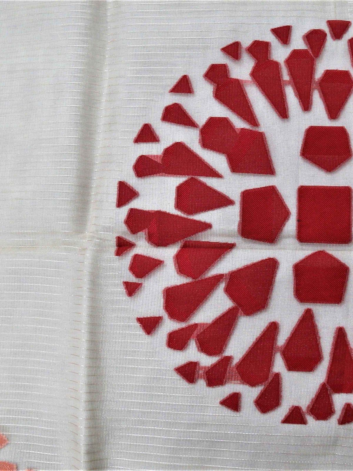 Cream table cover with a cutwork circular floral medallion pattern and a solid gajri-red border