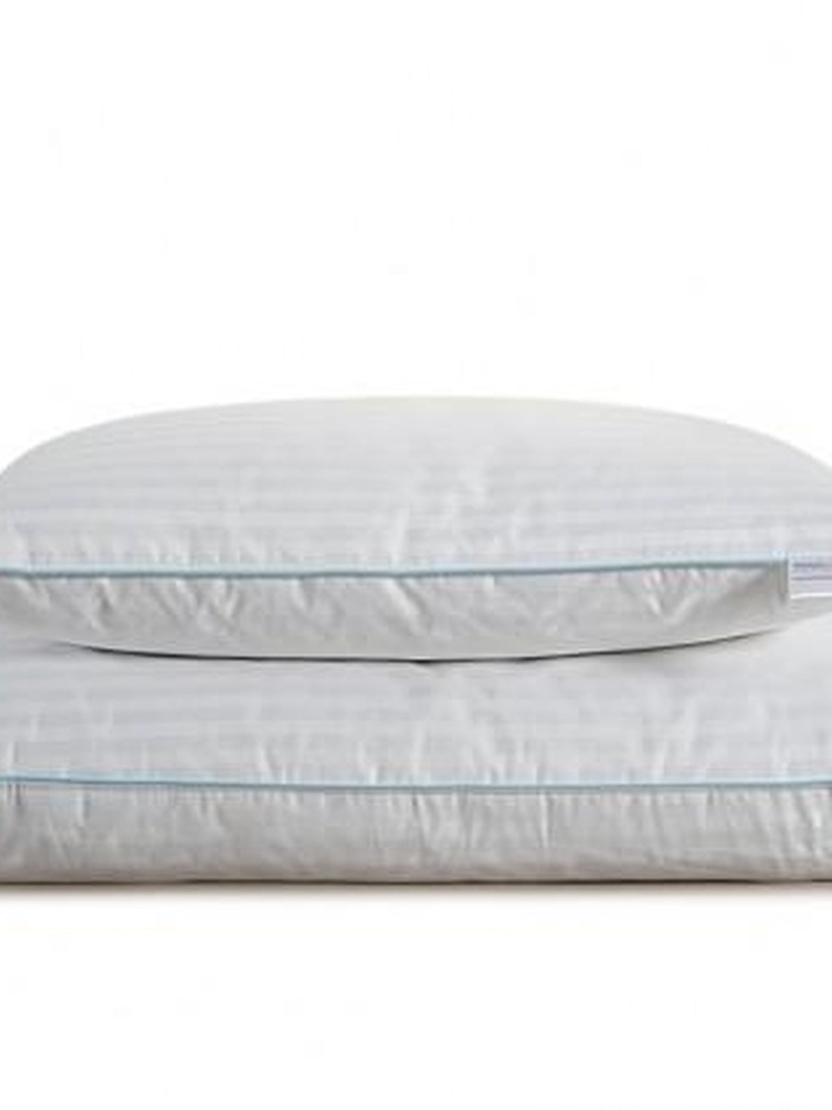 Two Regent satin stripe pillows stacked, showing the pale blue piped edge