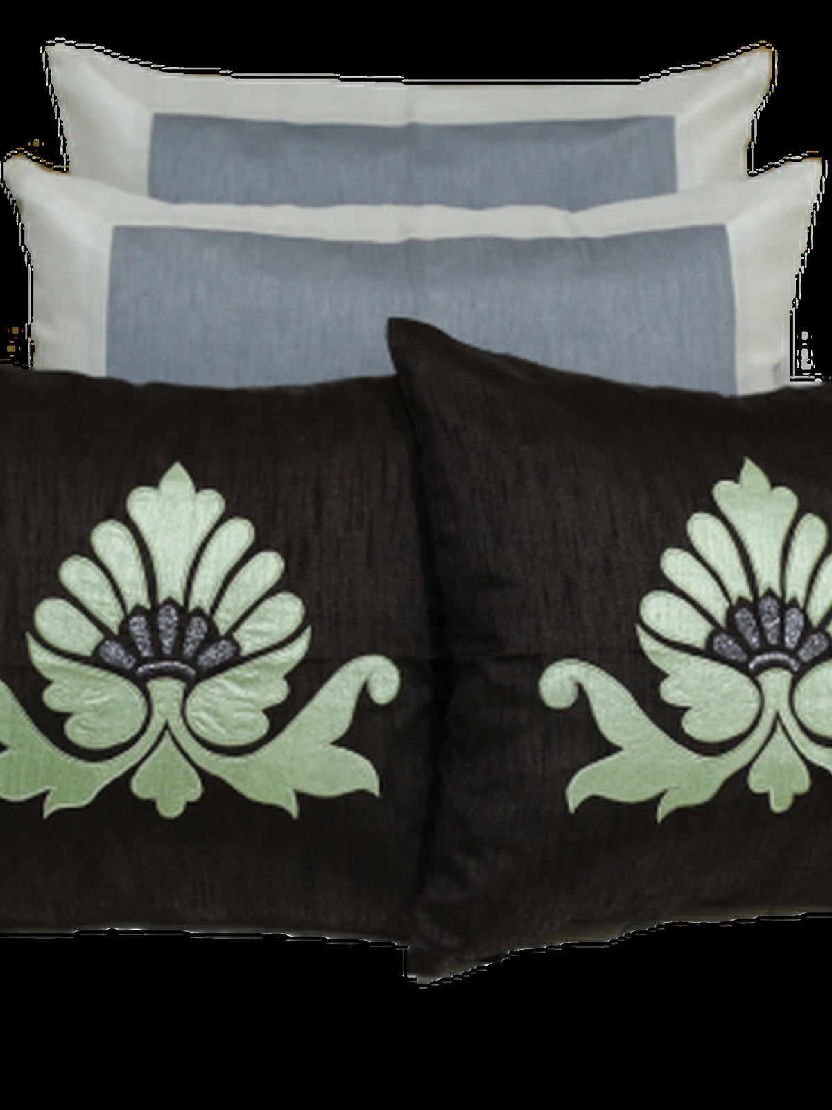 Black cushion covers with a pale green lotus appliqué motif, Bal Patch