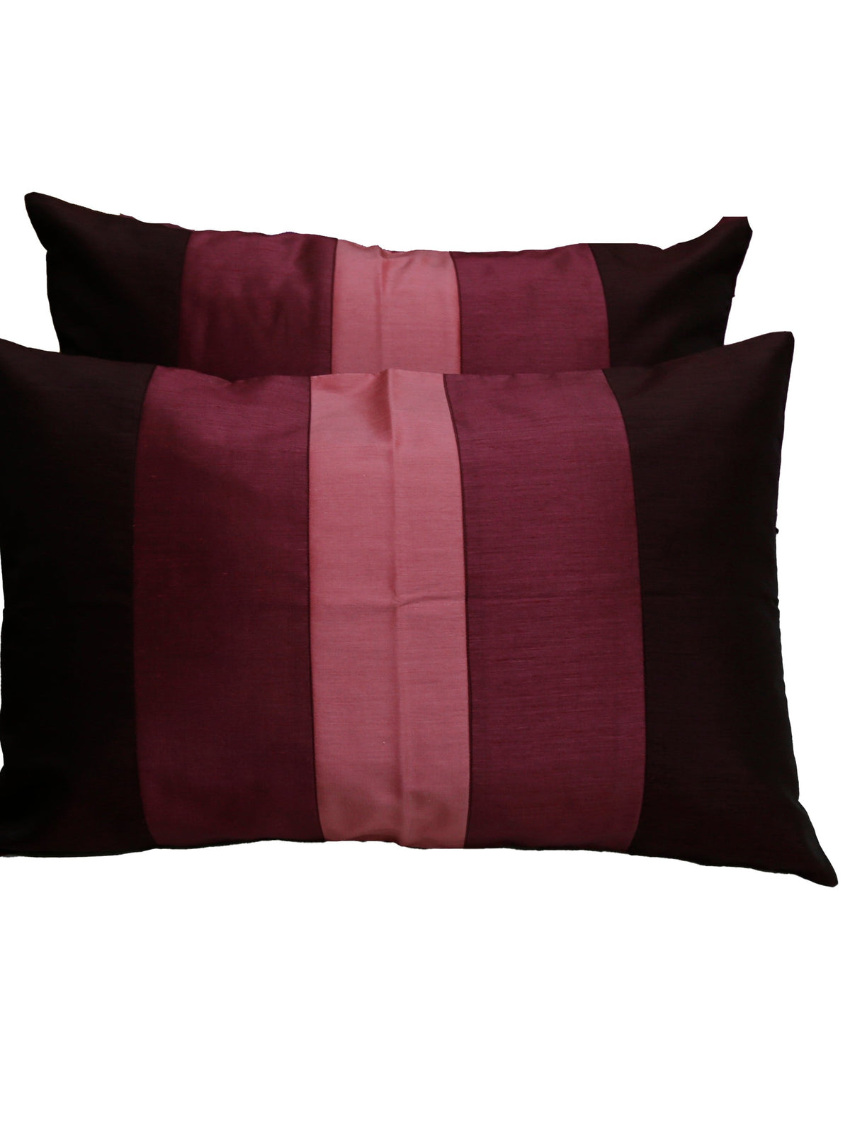Two maroon and pink colour block striped cushion covers from the lotus set